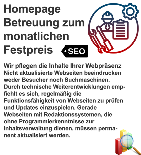 Monatliche Pflege Ihrer Website zum Sonderpreis mit vereinbarten zeitlichen Aufwand Monatliche Pflege Ihrer Website zum Sonderpreis mit vereinbarten zeitlichen Aufwand
